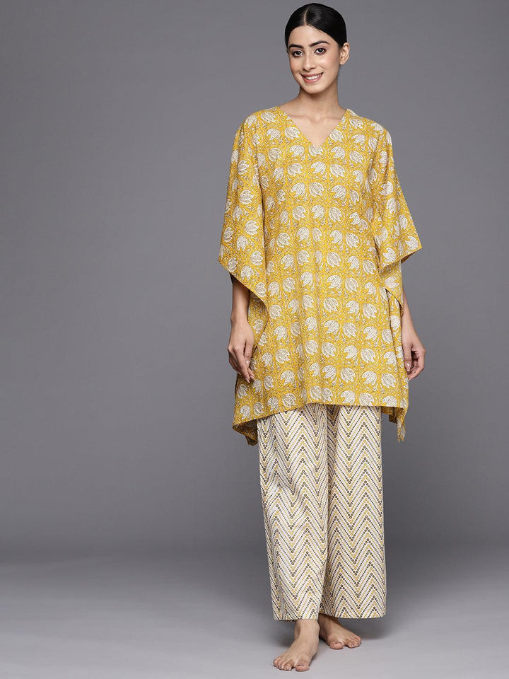 Mustard Printed Cotton Night Suit - ShopLibas