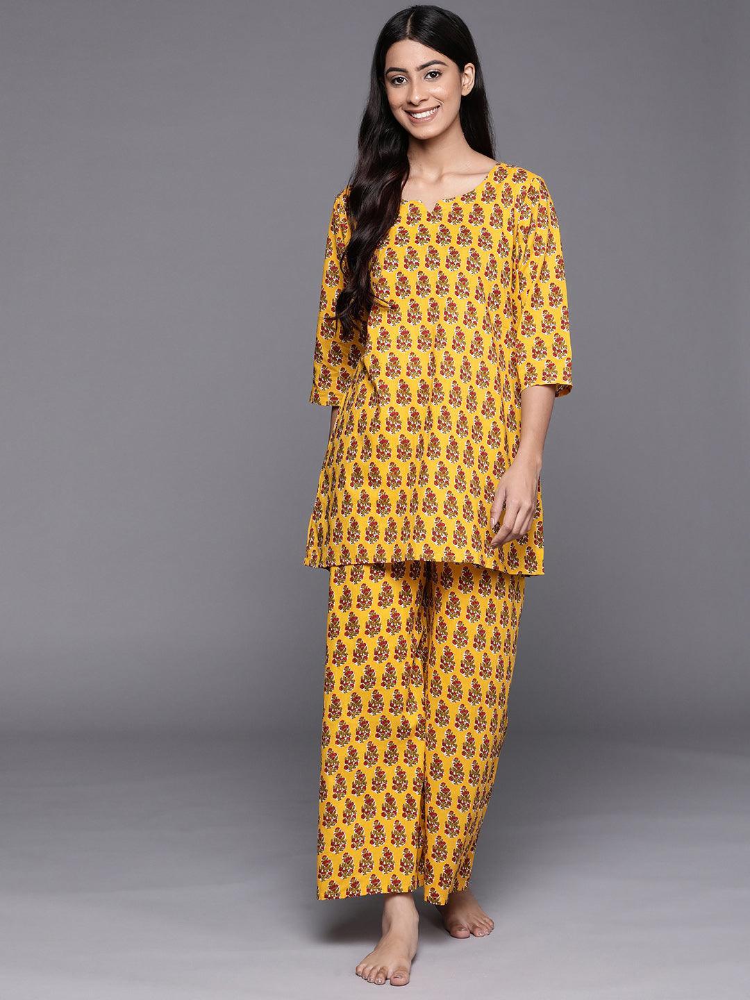 Mustard Printed Cotton Night Suit