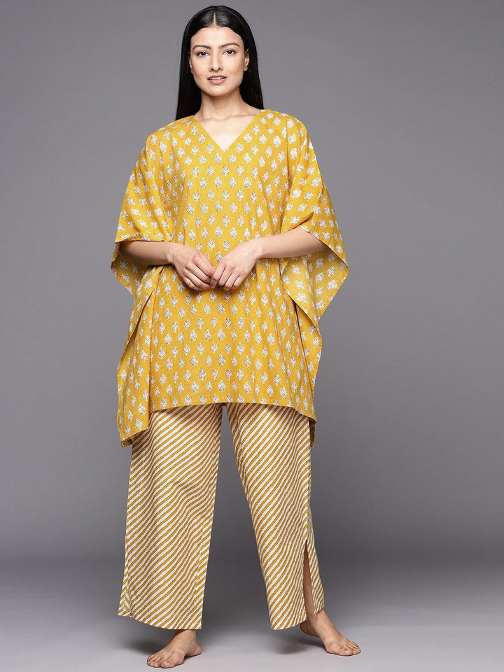 Mustard Printed Cotton Night Suit - ShopLibas