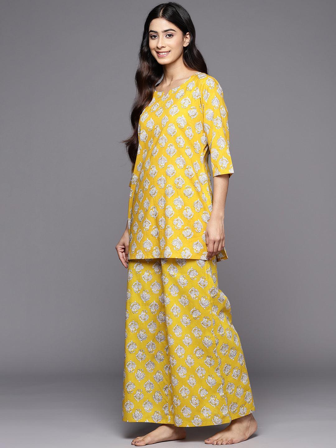 Mustard Printed Cotton Night Suit - ShopLibas