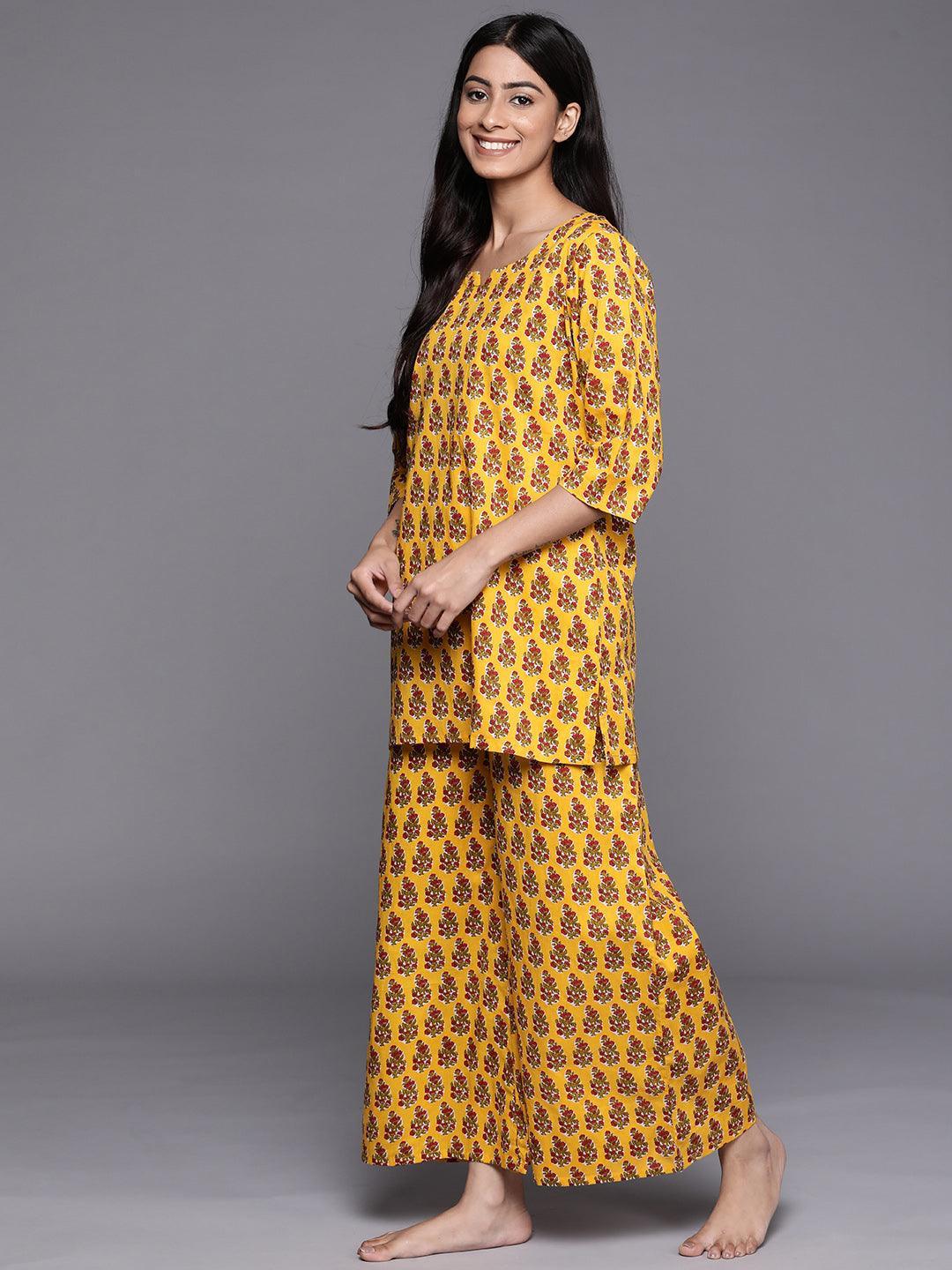 Mustard Printed Cotton Night Suit