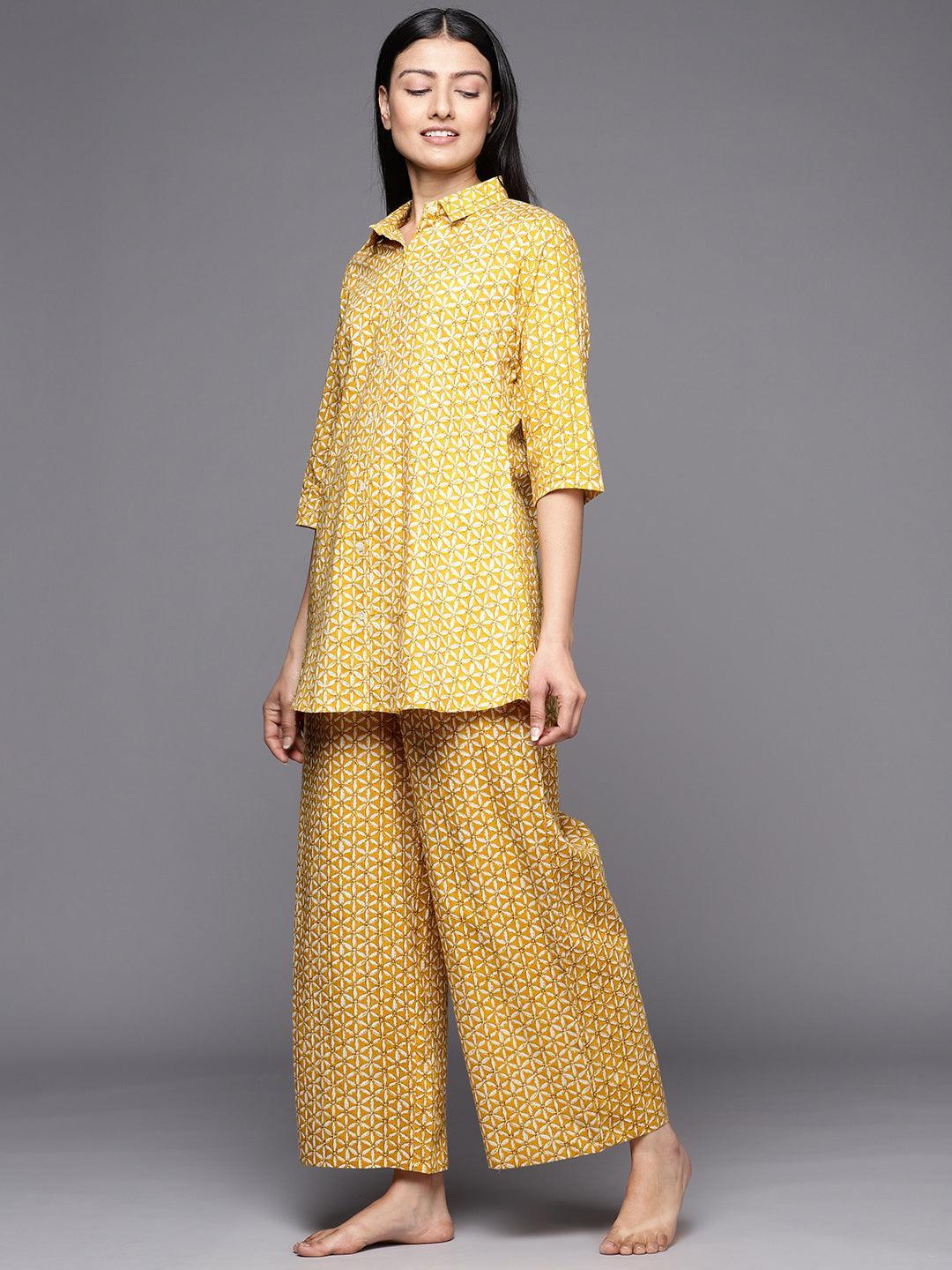 Mustard Printed Cotton Night Suit - ShopLibas