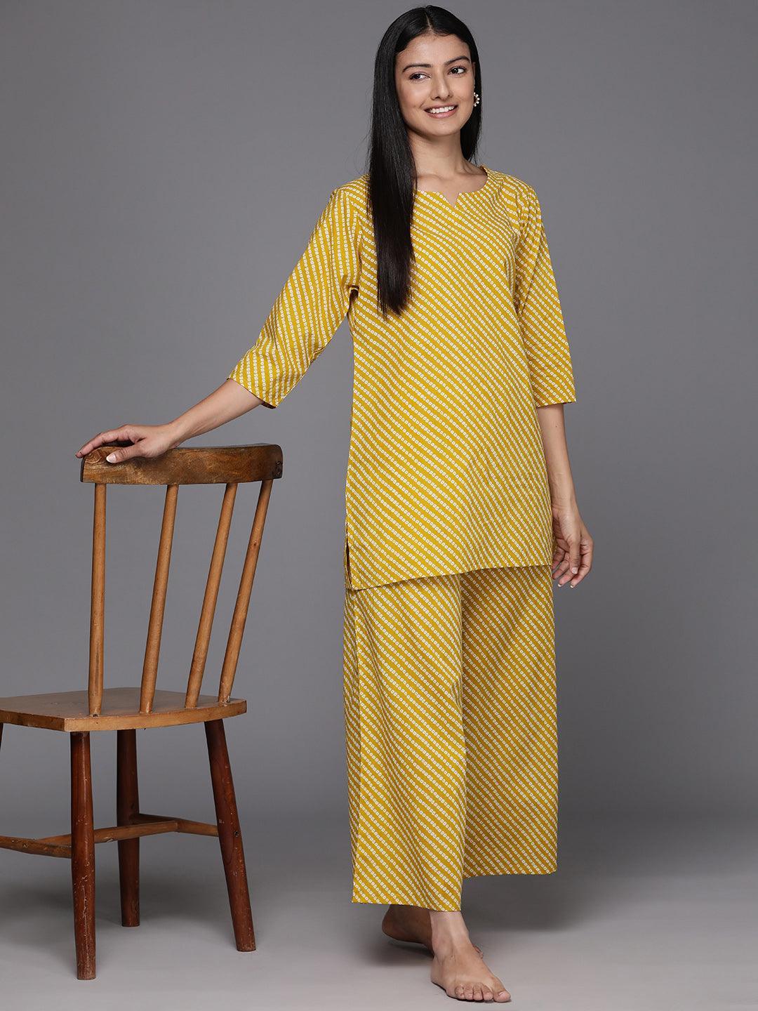 Mustard Printed Cotton Night Suit