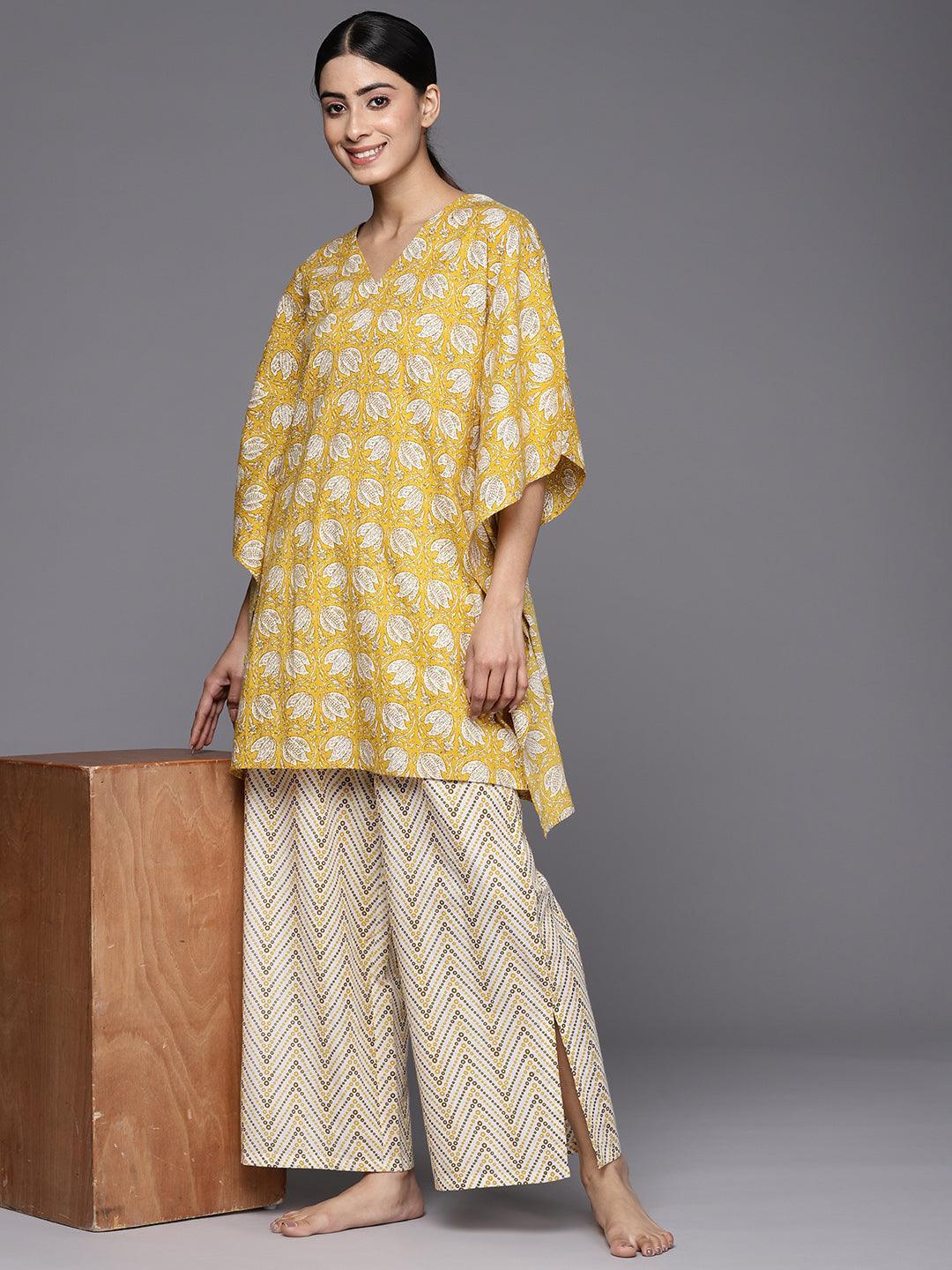 Mustard Printed Cotton Night Suit