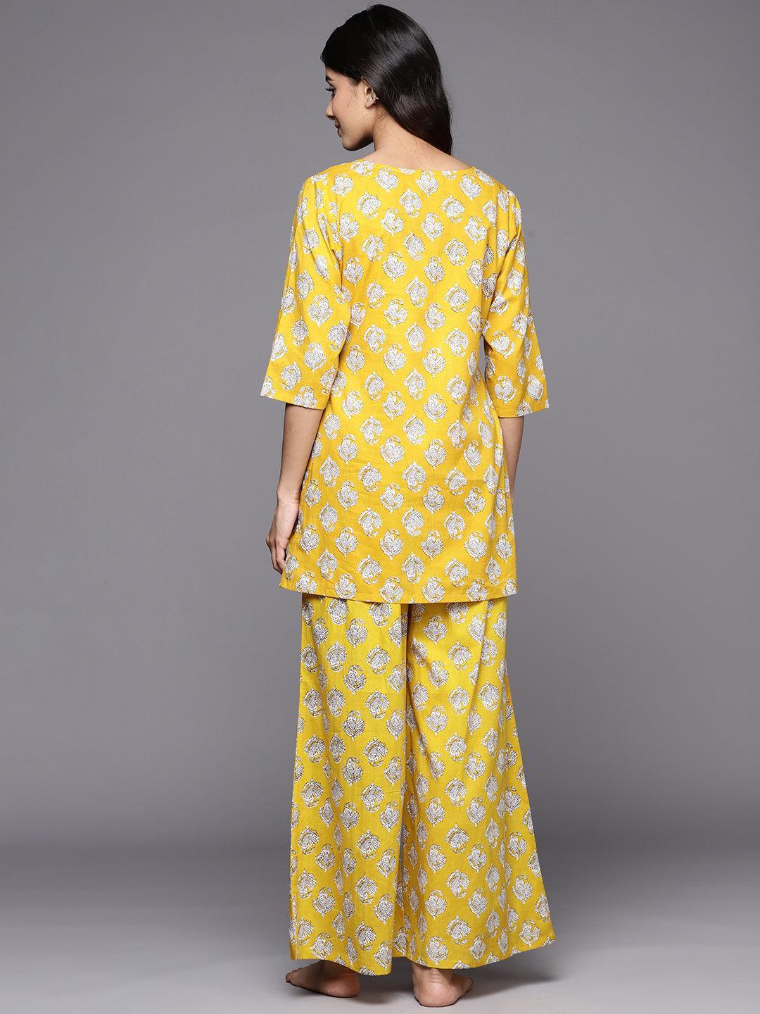 Mustard Printed Cotton Night Suit