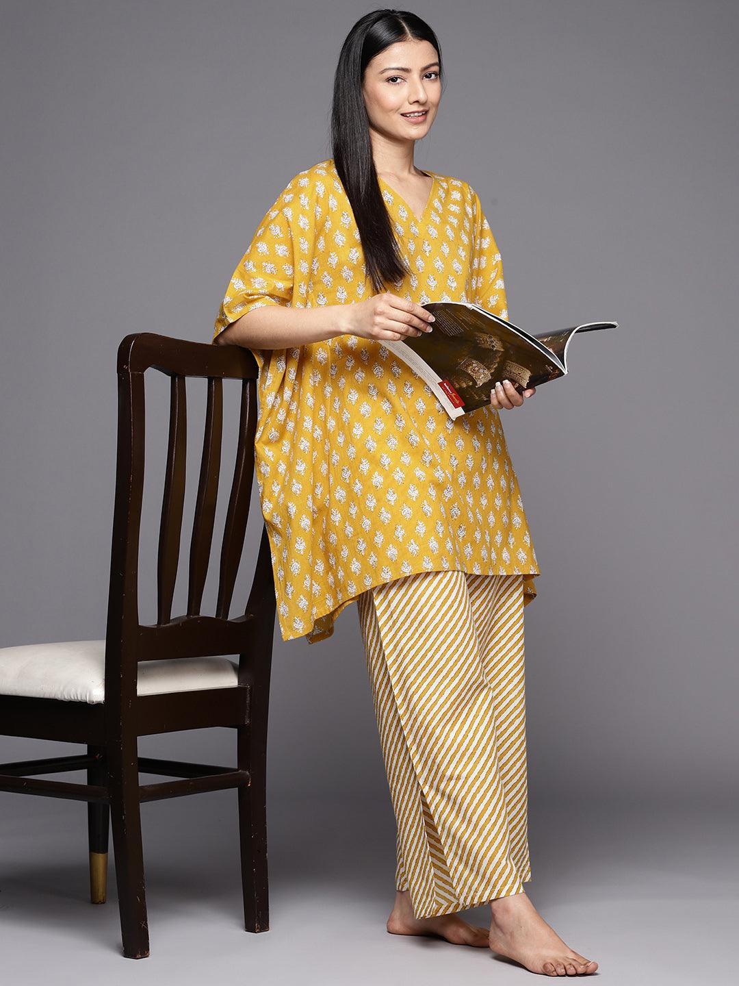 Mustard Printed Cotton Night Suit - ShopLibas