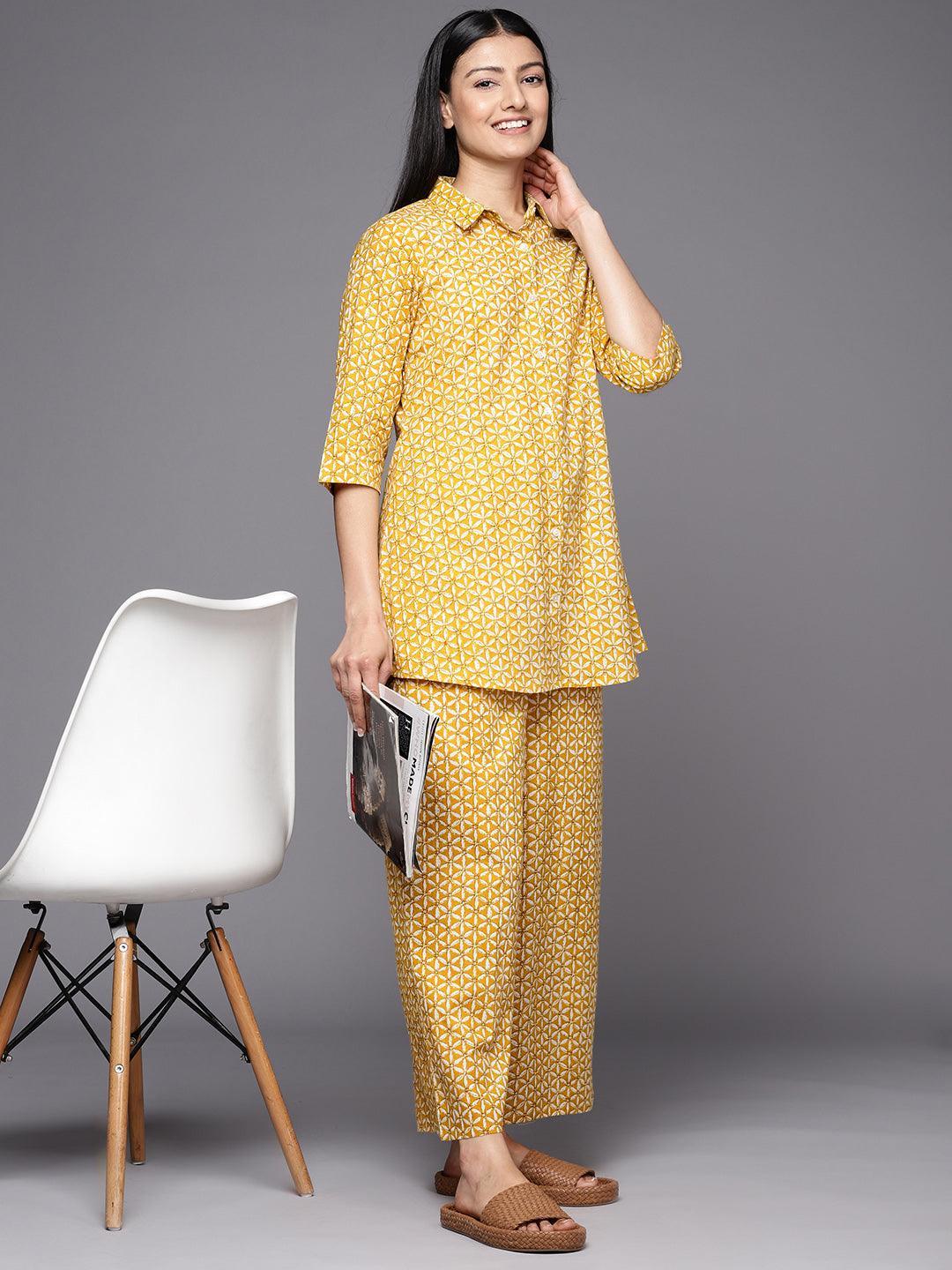 Mustard Printed Cotton Night Suit