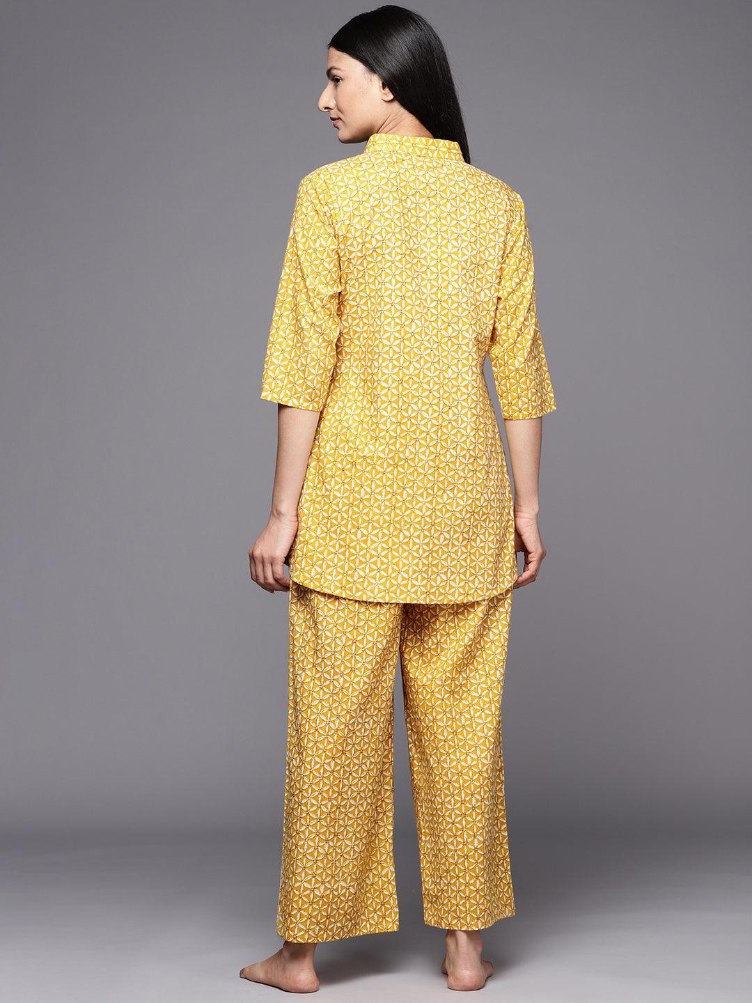 Mustard Printed Cotton Night Suit