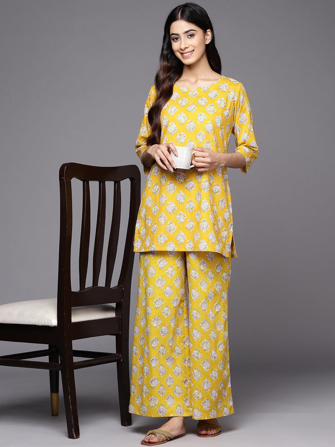 Mustard Printed Cotton Night Suit