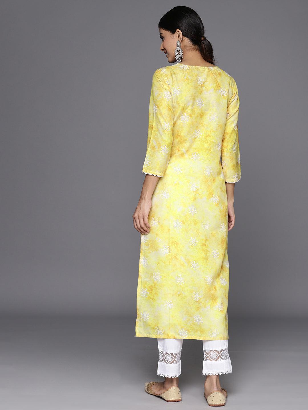 Mustard Printed Cotton Straight Kurta - Libas