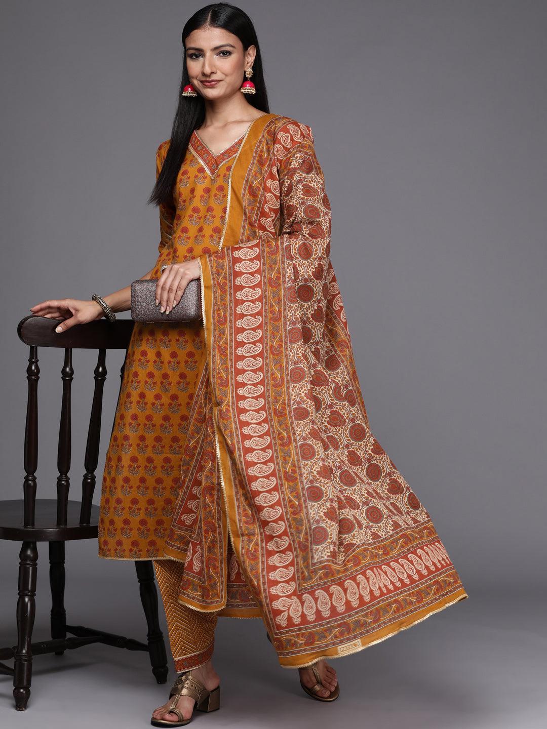 Mustard Printed Cotton Straight Suit Set