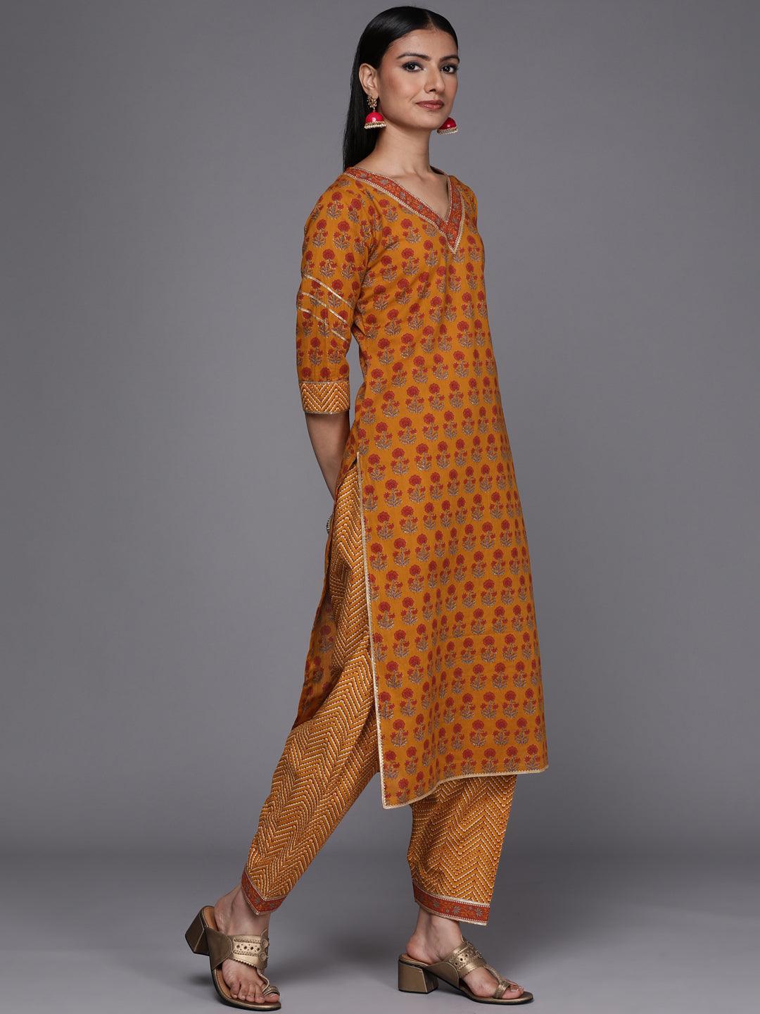 Mustard Printed Cotton Straight Suit Set