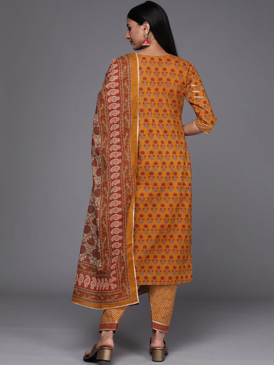 Mustard Printed Cotton Straight Suit Set