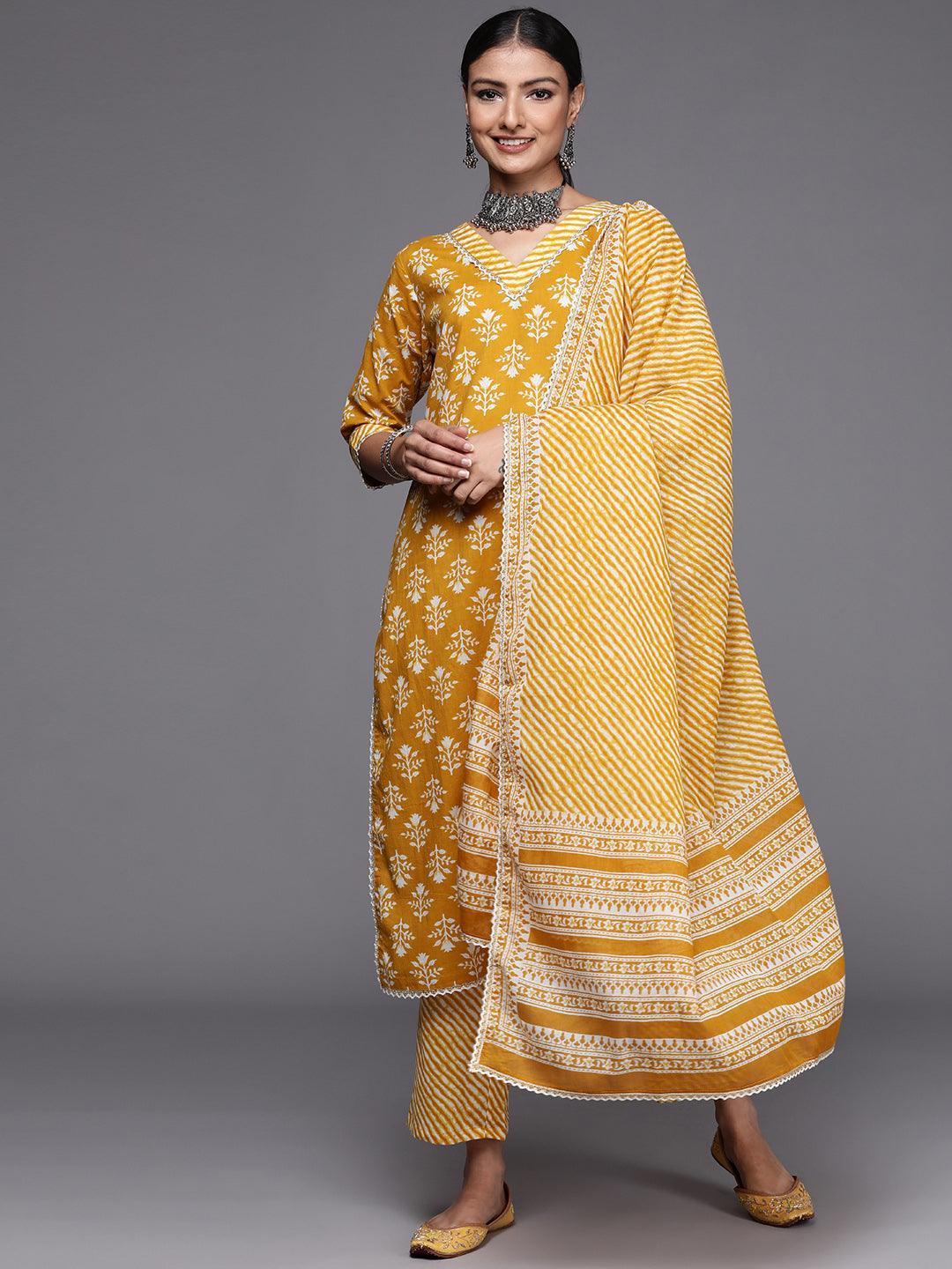 Mustard Printed Cotton Straight Suit Set