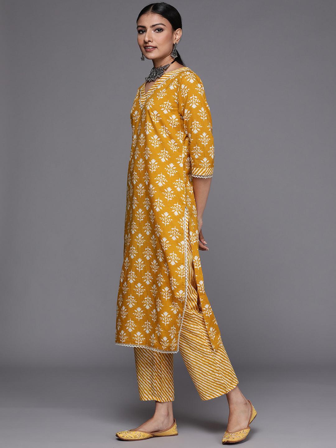 Mustard Printed Cotton Straight Suit Set