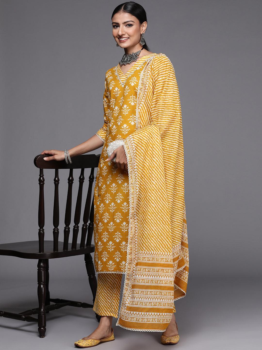 Mustard Printed Cotton Straight Suit Set