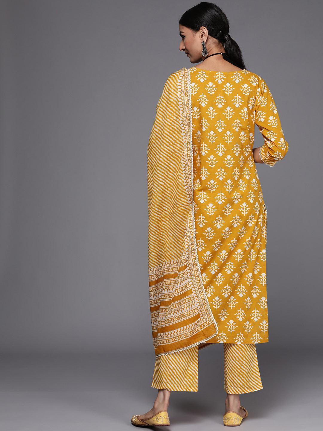 Mustard Printed Cotton Straight Suit Set