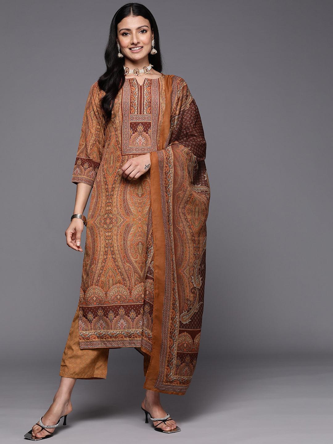 Mustard Printed Crepe Straight Suit Set With Trousers - ShopLibas