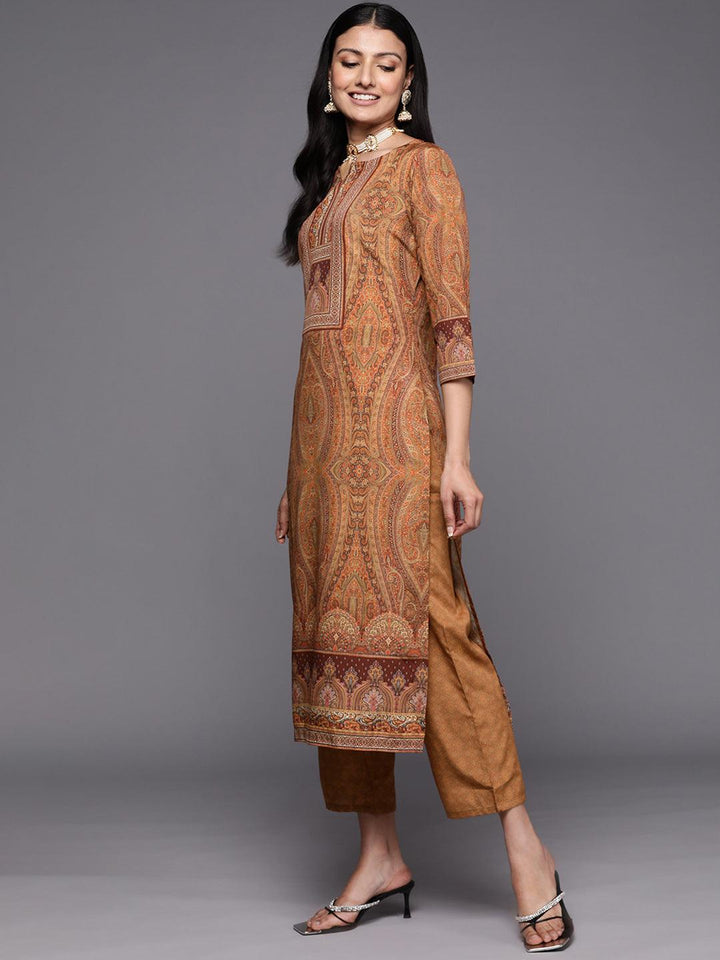 Mustard Printed Crepe Straight Suit Set With Trousers - ShopLibas