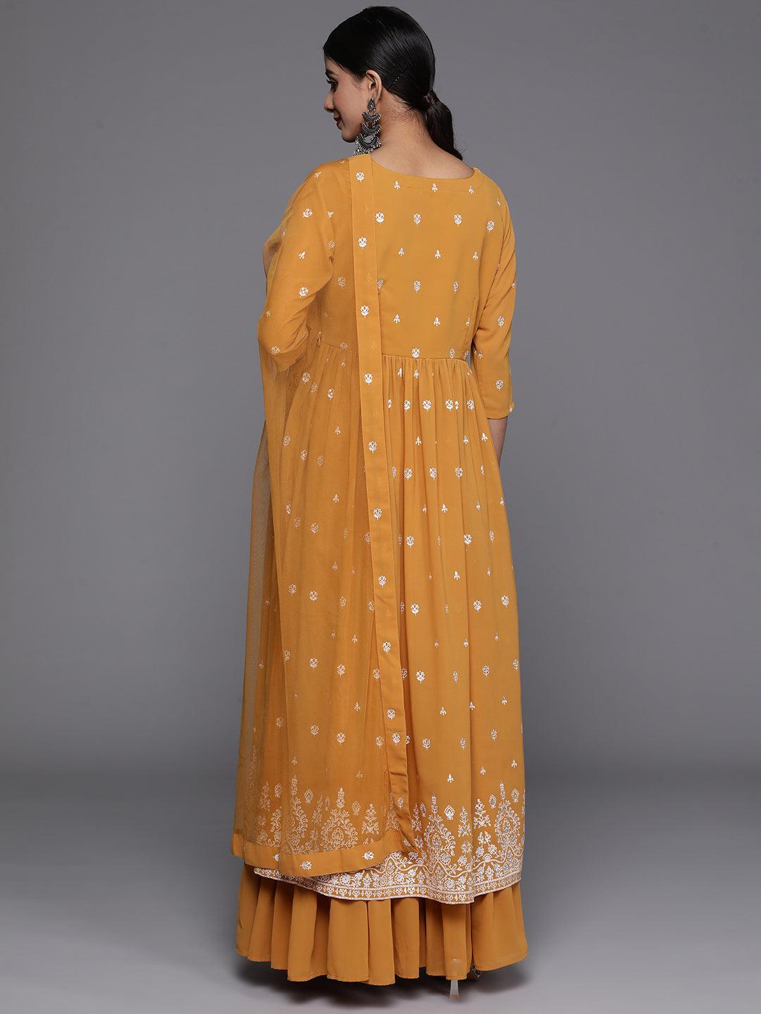 Mustard Printed Georgette A-Line Kurta With Palazzos & Dupatta