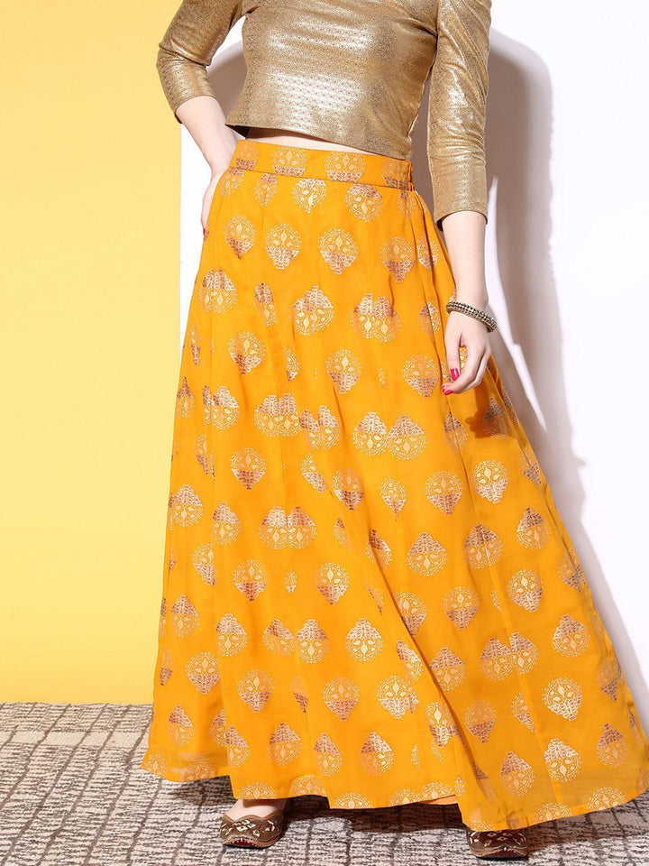 Mustard Printed Georgette Skirt - ShopLibas