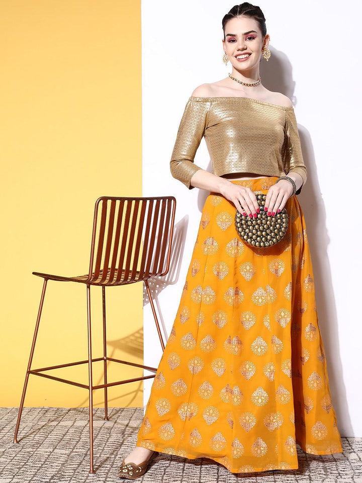 Mustard Printed Georgette Skirt - ShopLibas