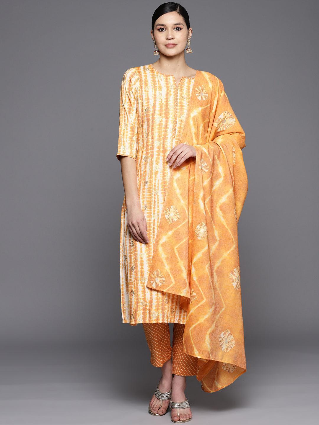 Mustard Printed Rayon Straight Suit Set With Trousers