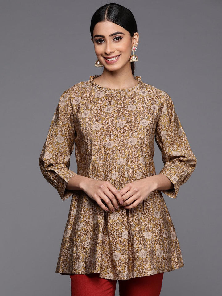 Mustard Printed Silk Blend A-Line Kurti - ShopLibas