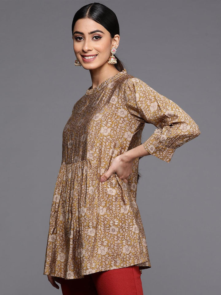 Mustard Printed Silk Blend A-Line Kurti - ShopLibas