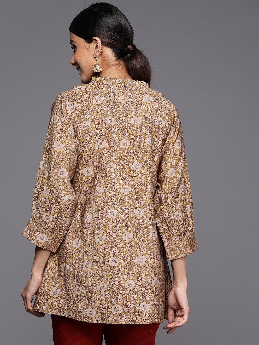 Mustard Printed Silk Blend A-Line Kurti - ShopLibas