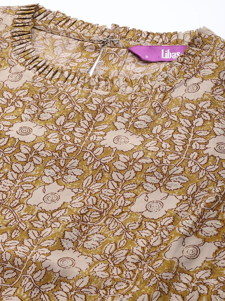 Mustard Printed Silk Blend A-Line Kurti - ShopLibas