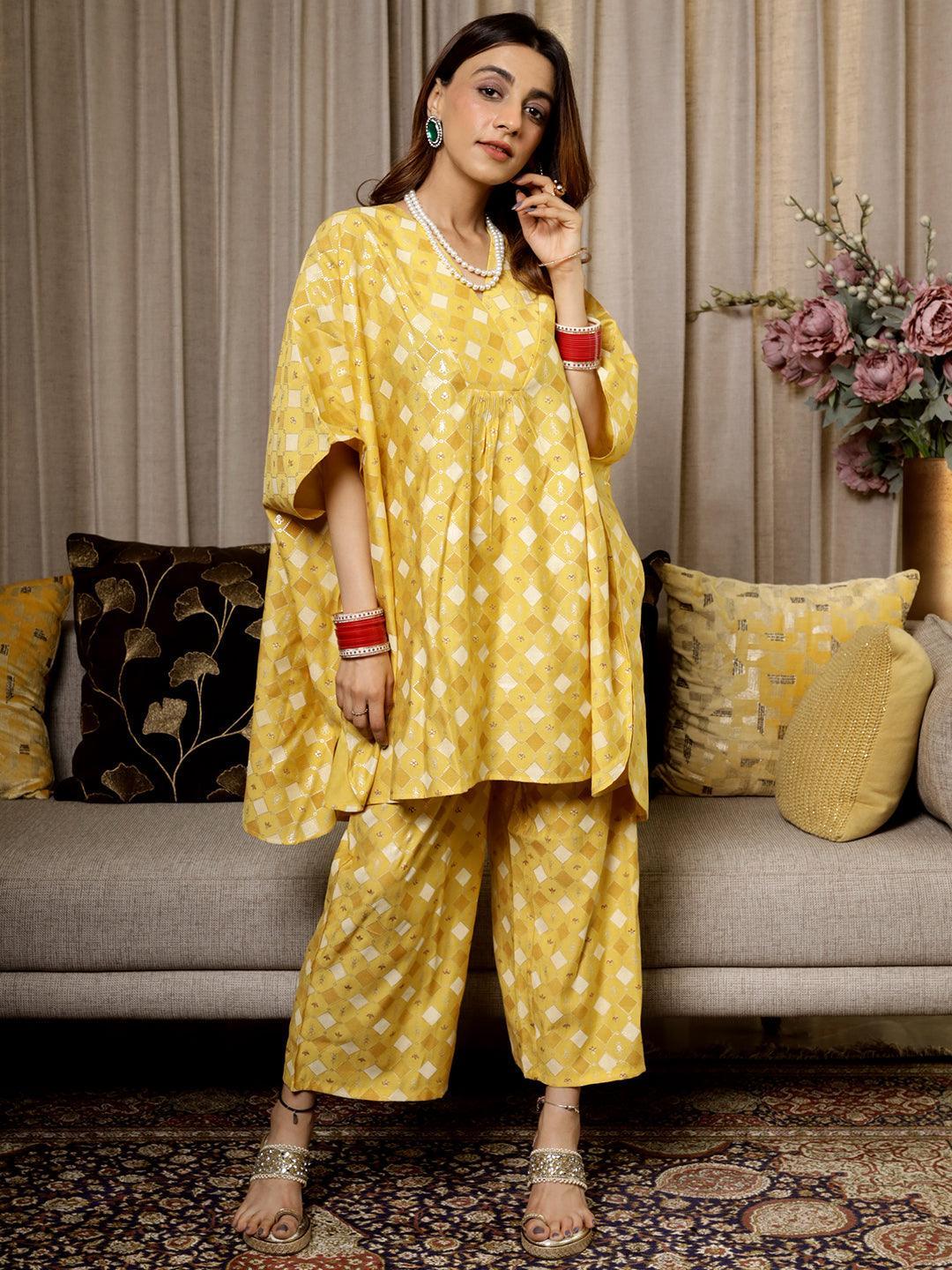 Mustard Printed Silk Blend Kaftan Kurta Set With Palazzos - ShopLibas