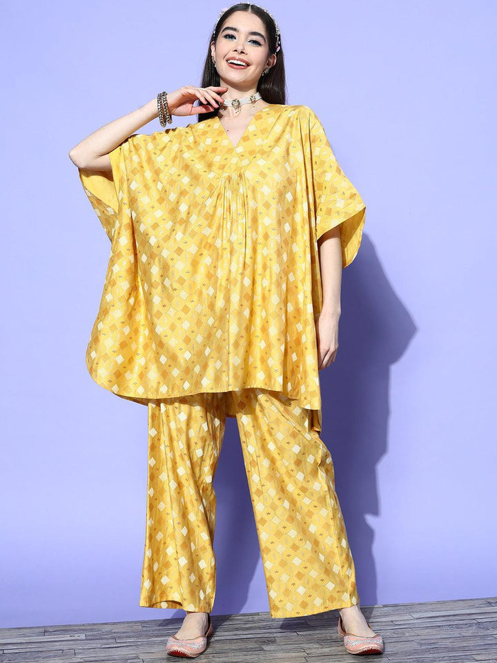 Mustard Printed Silk Blend Kaftan Kurta Set With Palazzos - ShopLibas