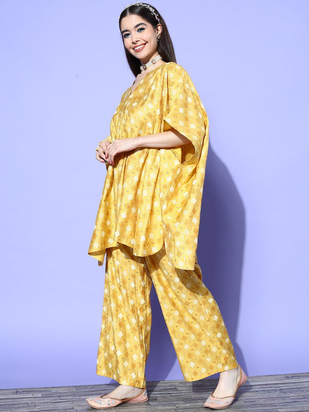 Mustard Printed Silk Blend Kaftan Kurta Set With Palazzos - ShopLibas