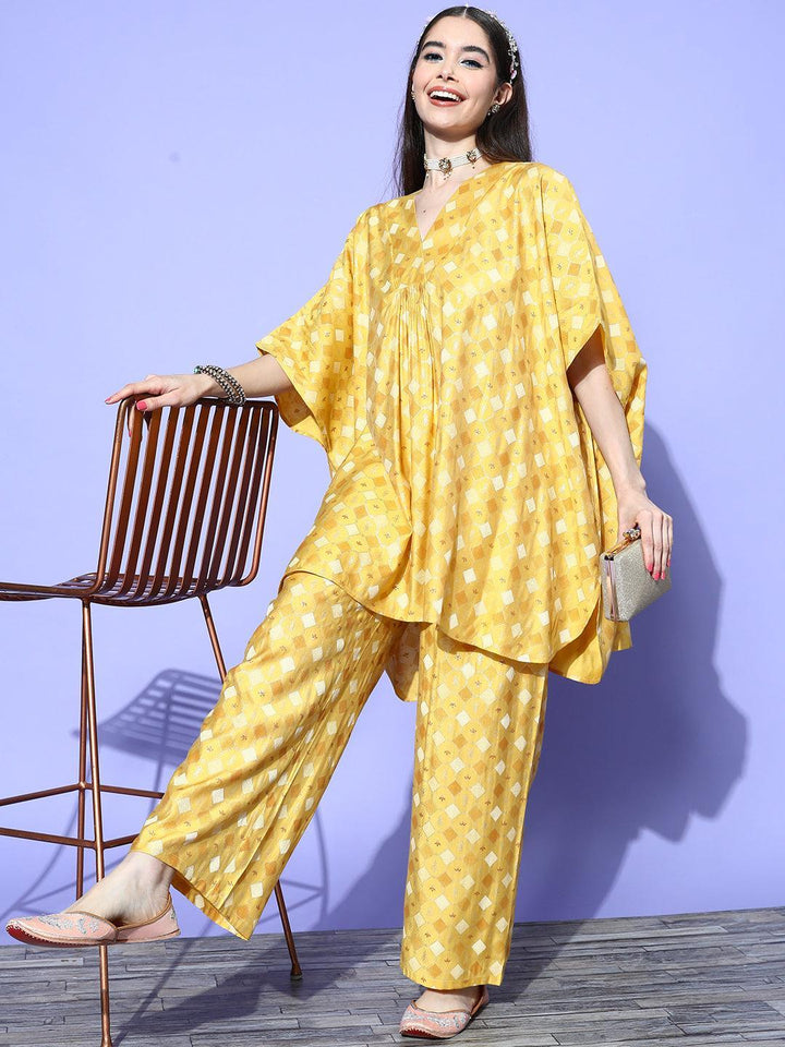 Mustard Printed Silk Blend Kaftan Kurta Set With Palazzos - ShopLibas