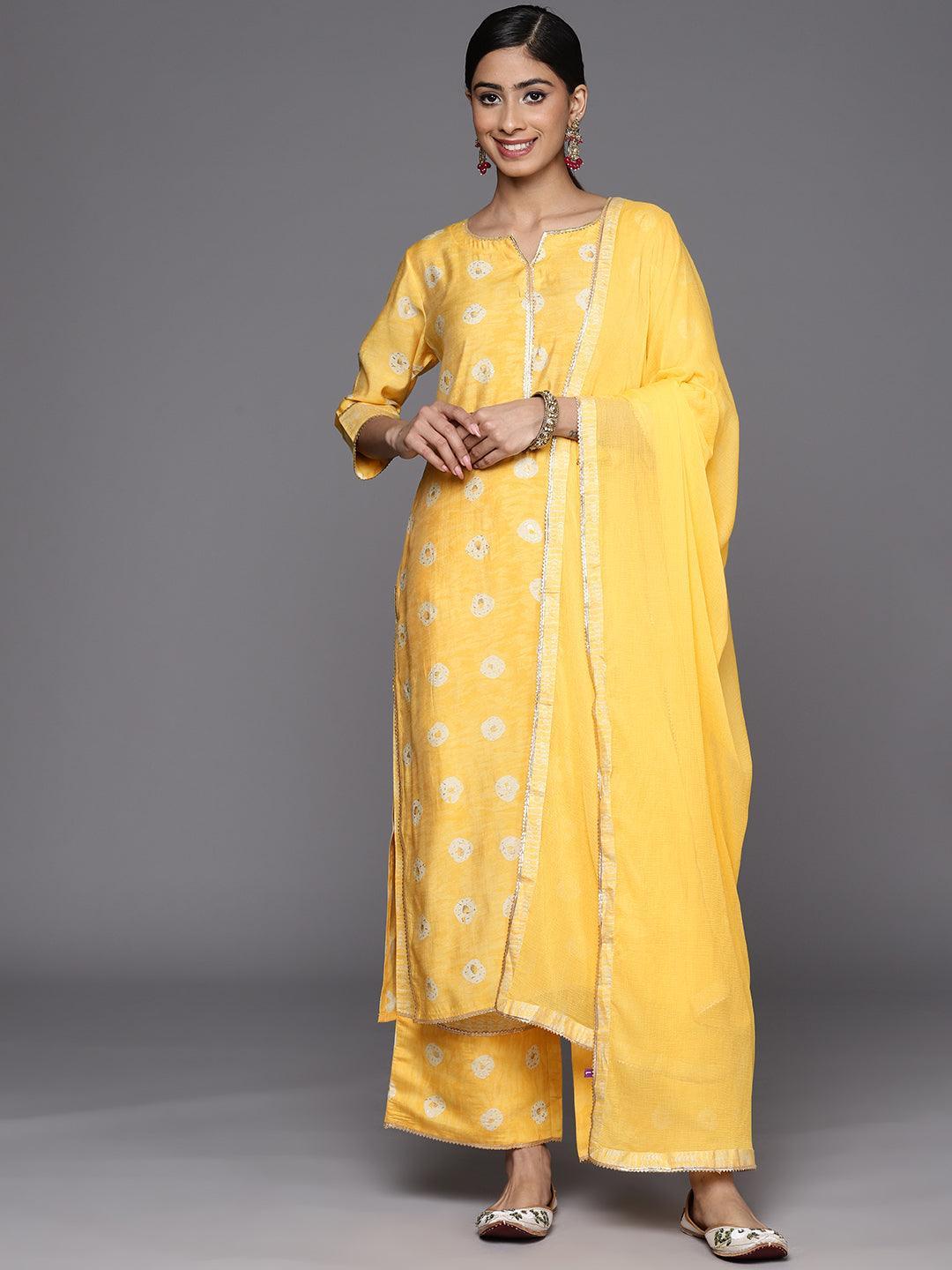 Mustard Printed Silk Blend Straight Suit Set With Palazzos