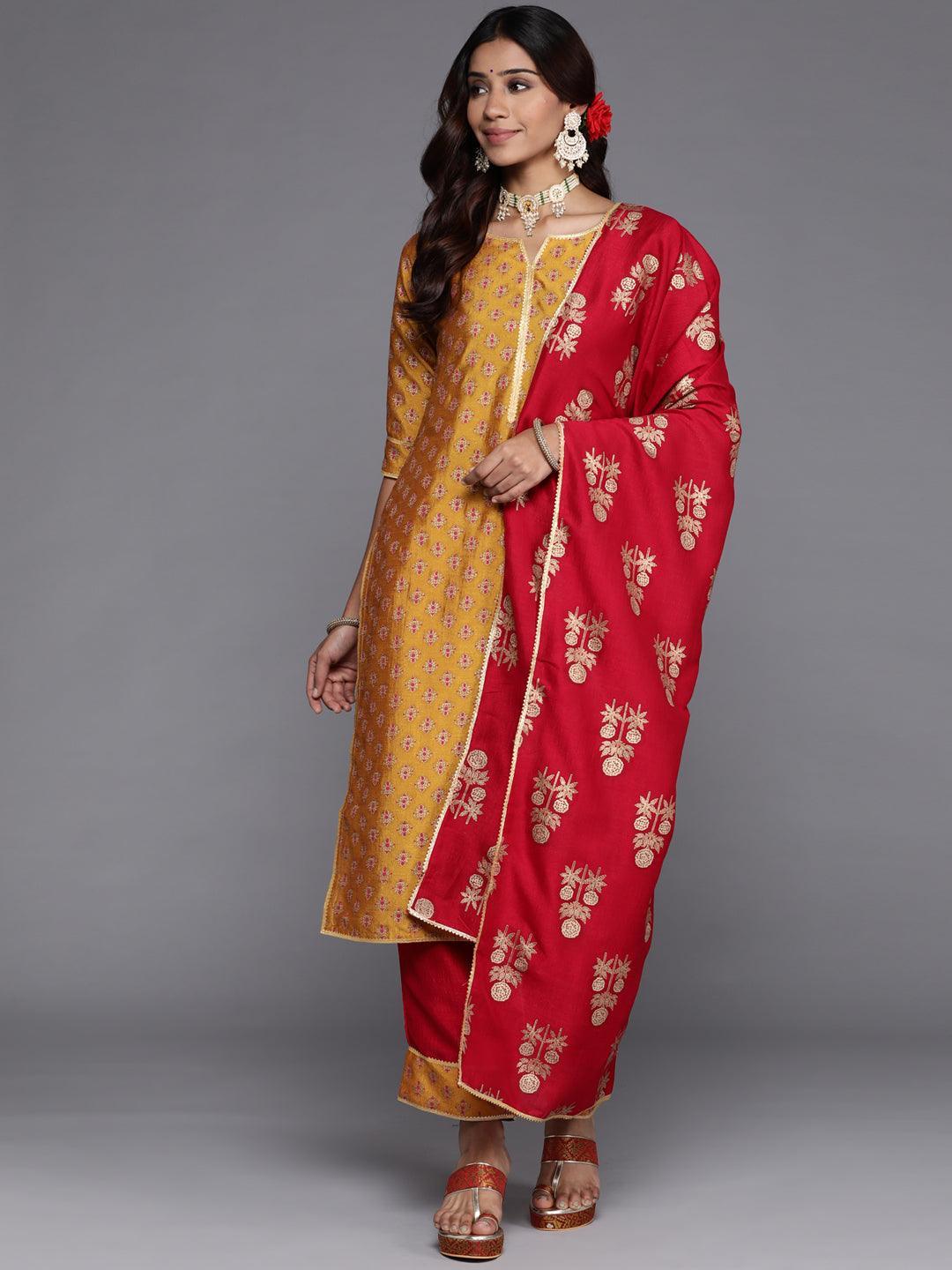 Mustard Printed Silk Blend Straight Kurta With Palazzos & Dupatta