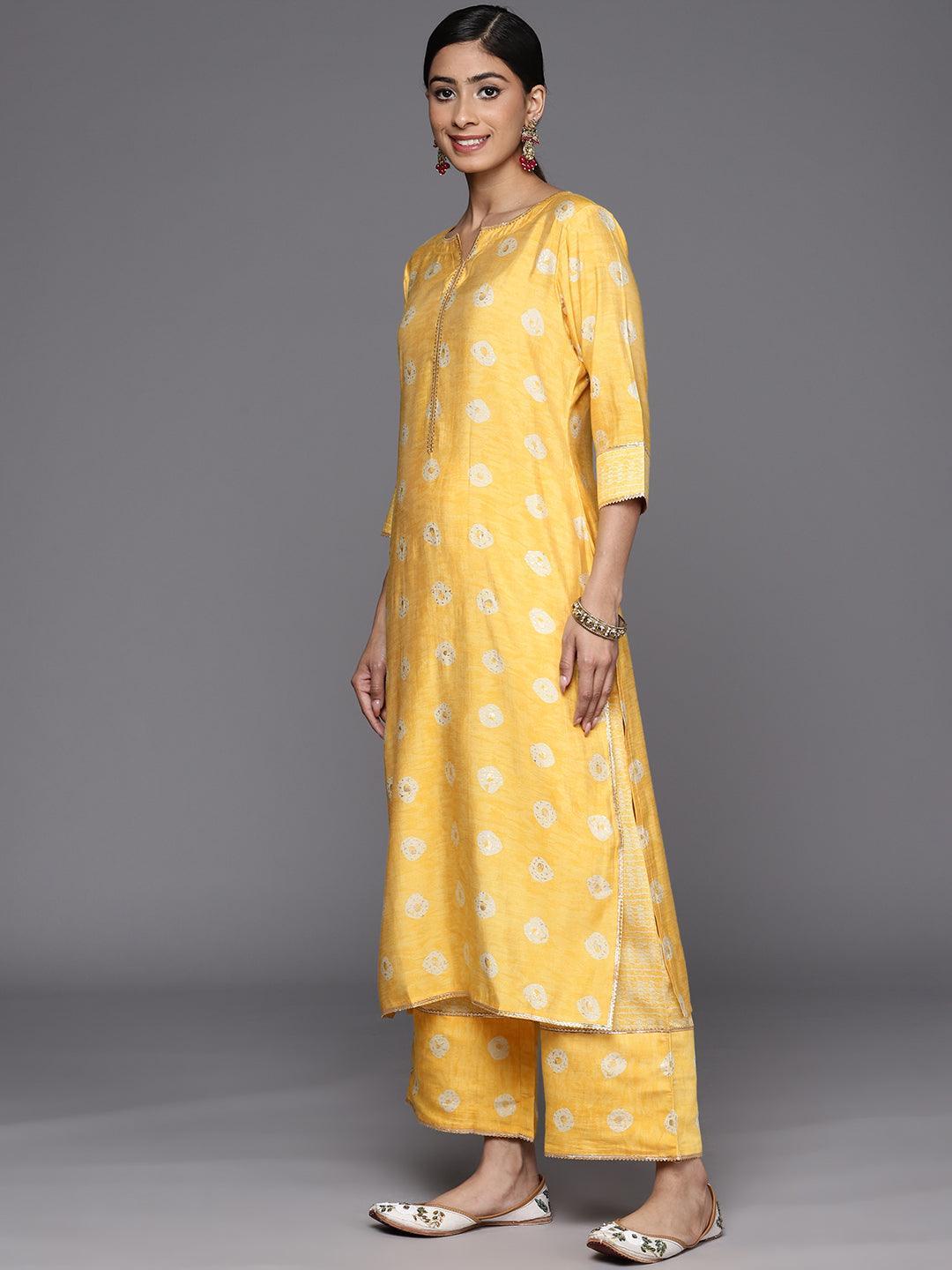 Mustard Printed Silk Blend Straight Suit Set With Palazzos - ShopLibas