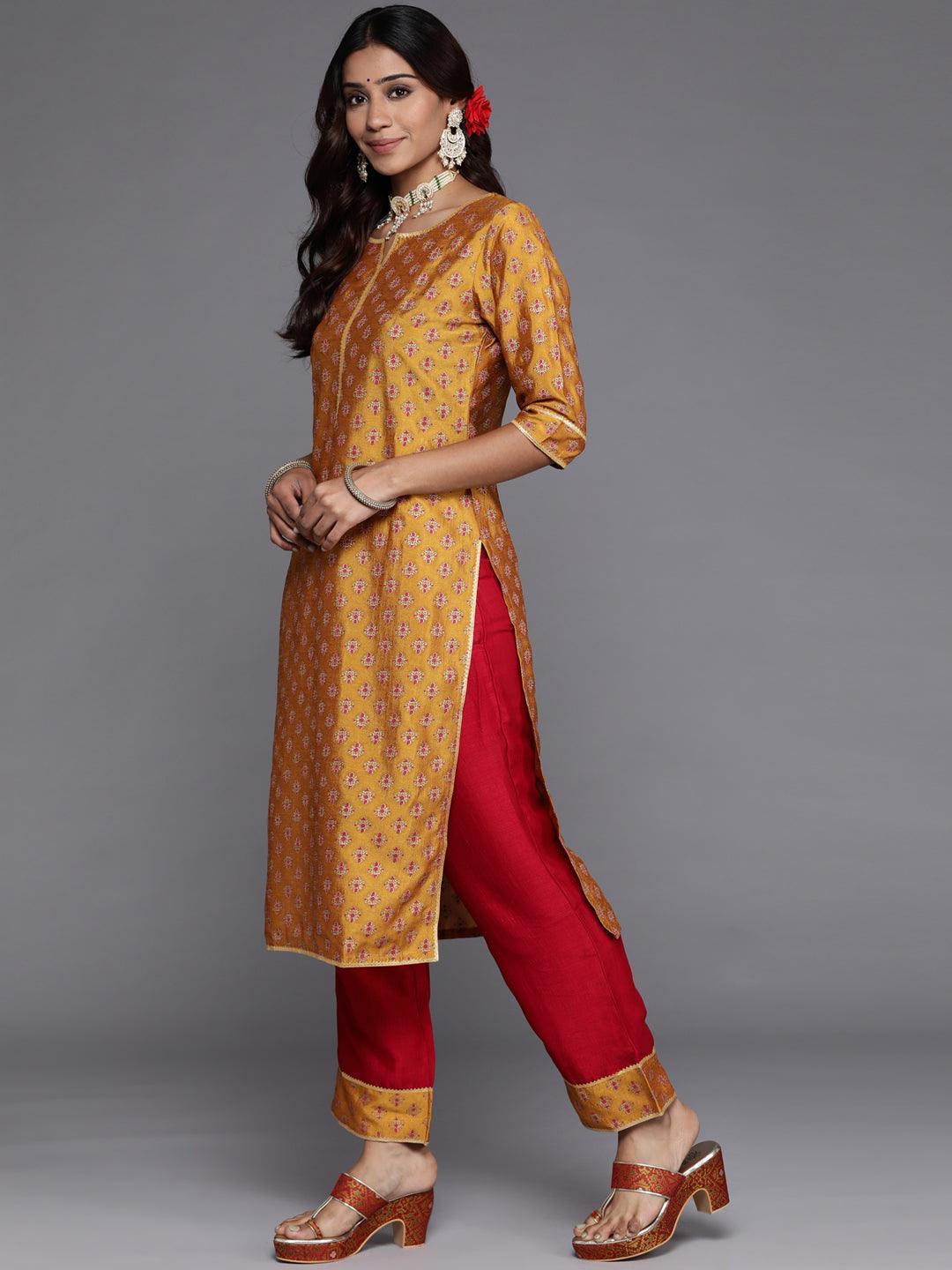 Mustard Printed Silk Blend Straight Kurta With Palazzos & Dupatta