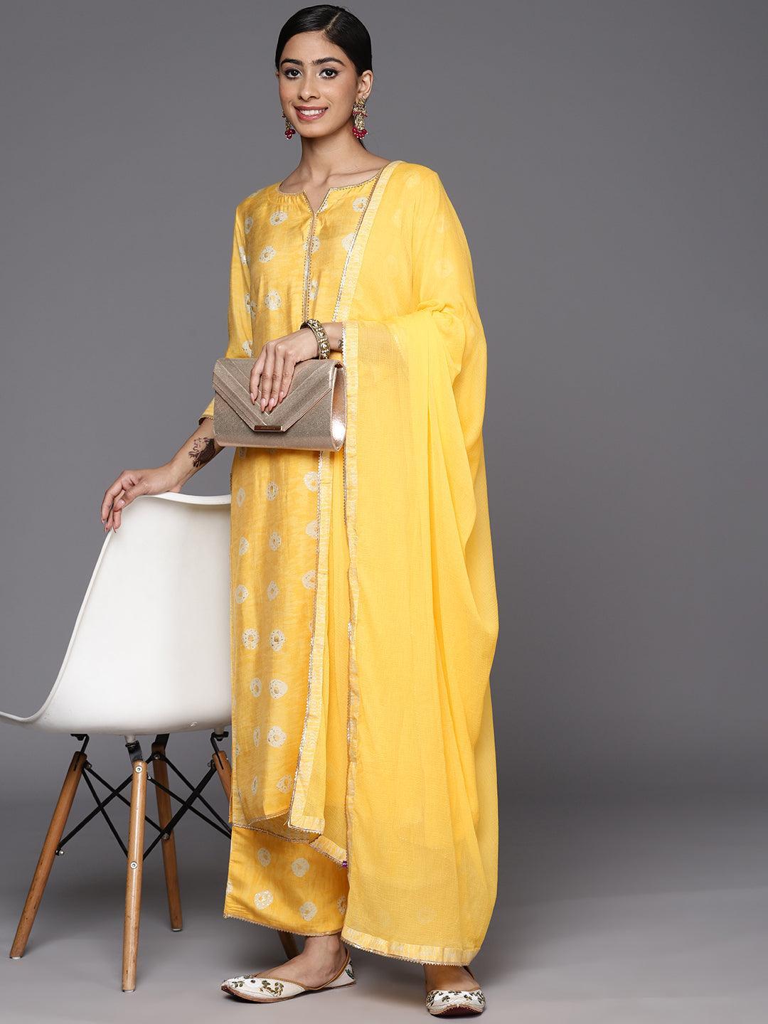 Mustard Printed Silk Blend Straight Suit Set With Palazzos