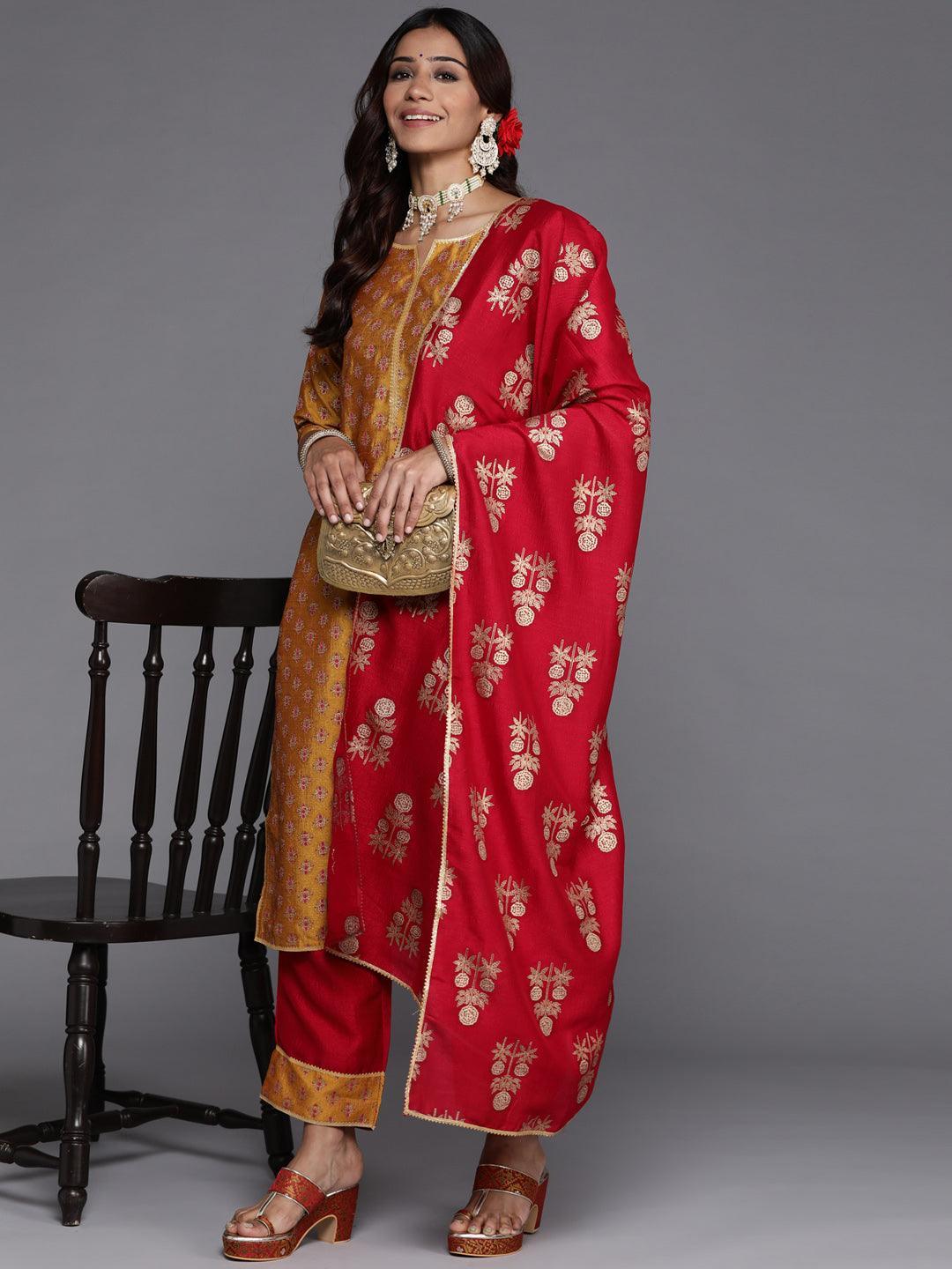 Mustard Printed Silk Blend Straight Kurta With Palazzos & Dupatta