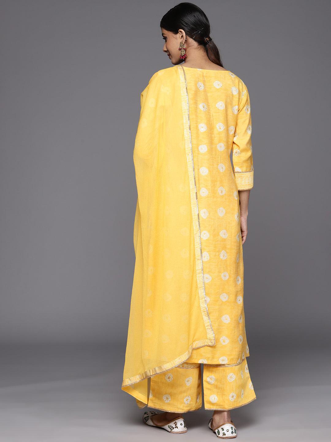 Mustard Printed Silk Blend Straight Suit Set With Palazzos