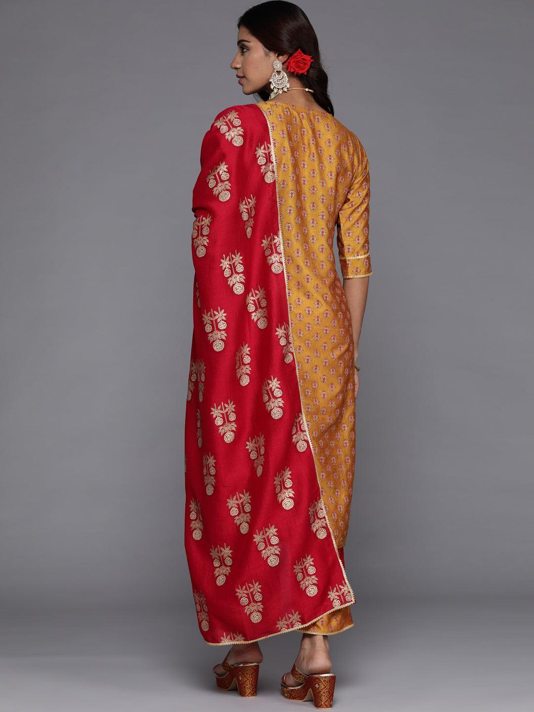 Mustard Printed Silk Blend Straight Kurta With Palazzos & Dupatta