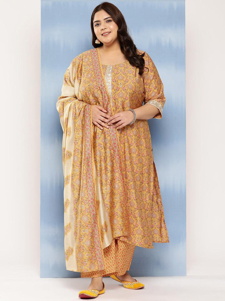 Mustard Printed Silk Blend Straight Kurta With Trousers and Dupatta - Libas