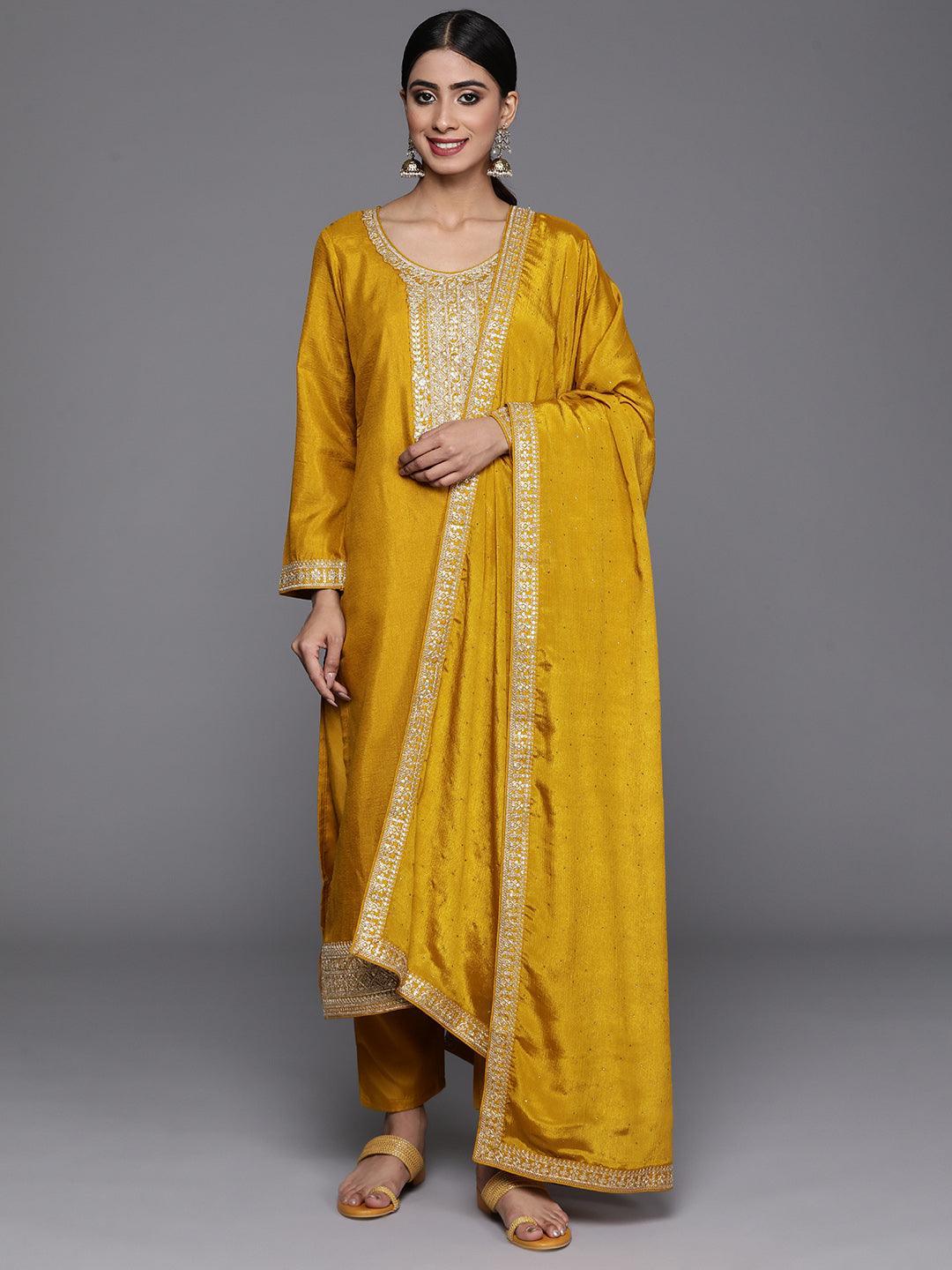 Mustard Printed Silk Blend Straight Kurta With Trousers & Dupatta