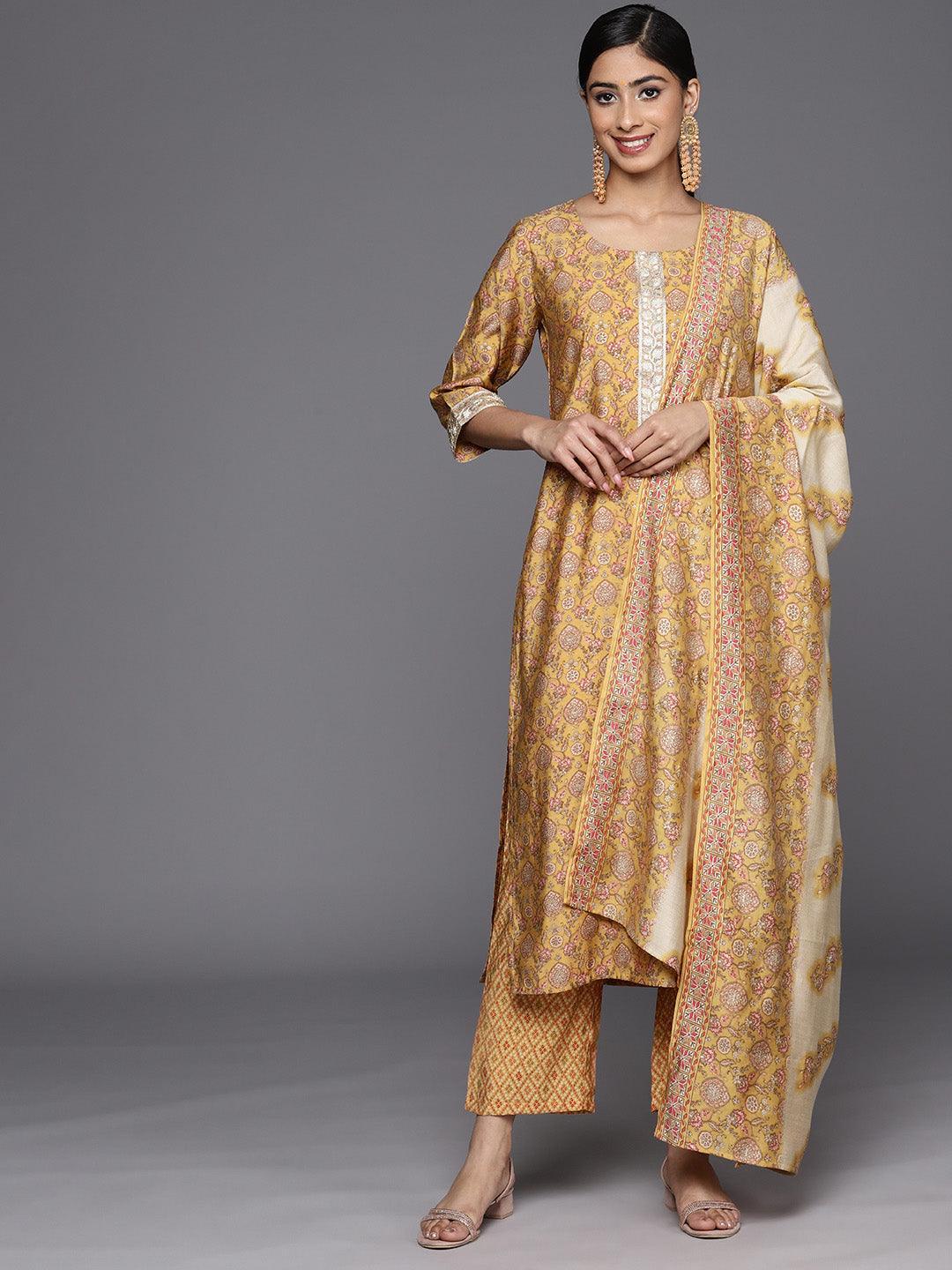 Mustard Printed Silk Blend Straight Suit Set With Trousers