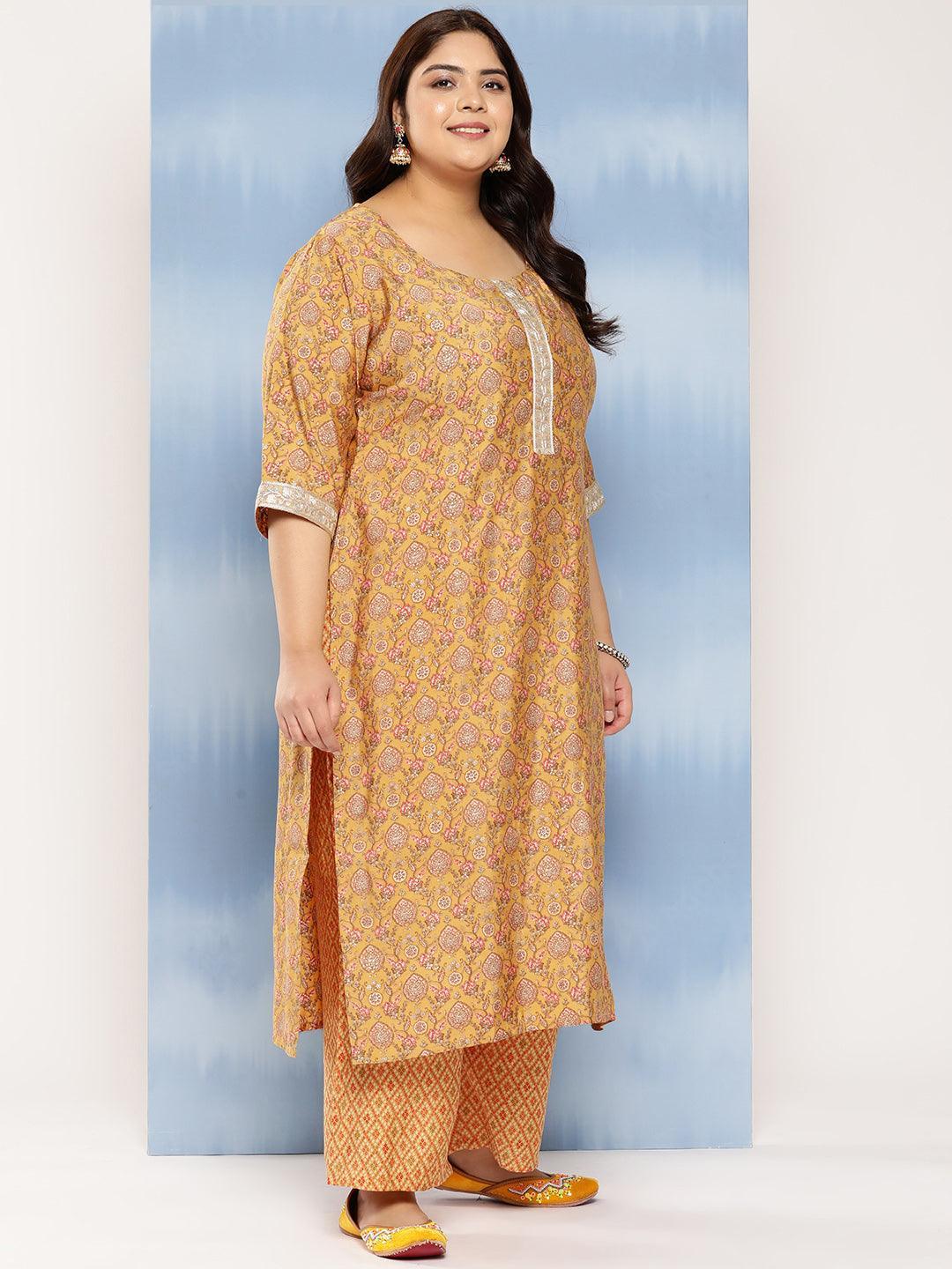 Mustard Printed Silk Blend Straight Kurta With Trousers and Dupatta - Libas