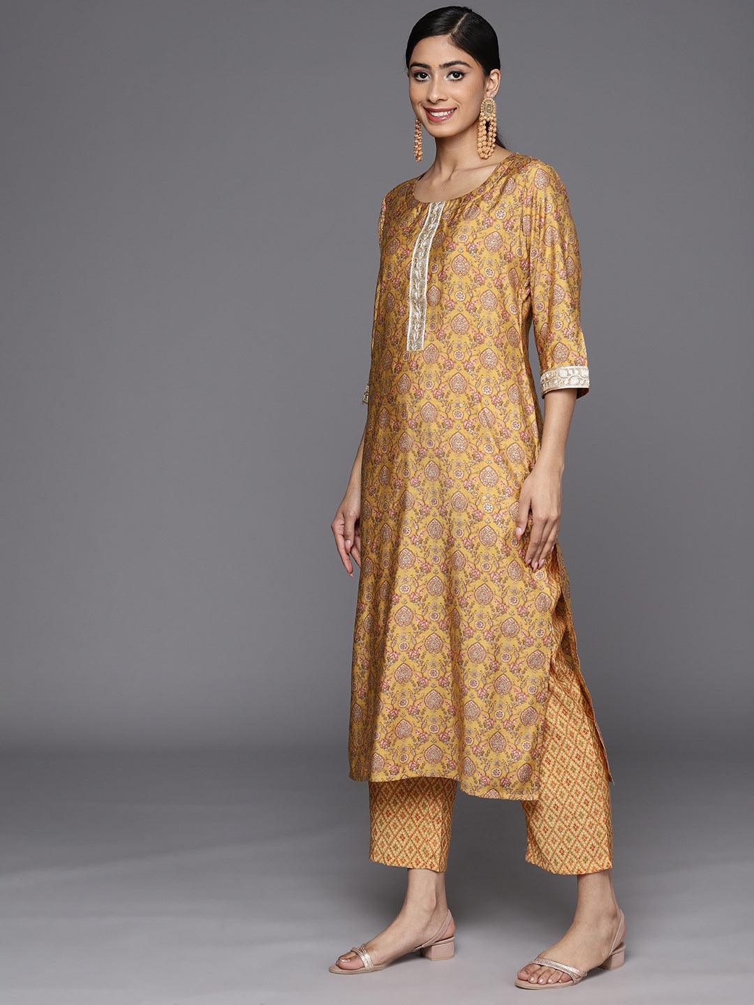 Mustard Printed Silk Blend Straight Suit Set With Trousers