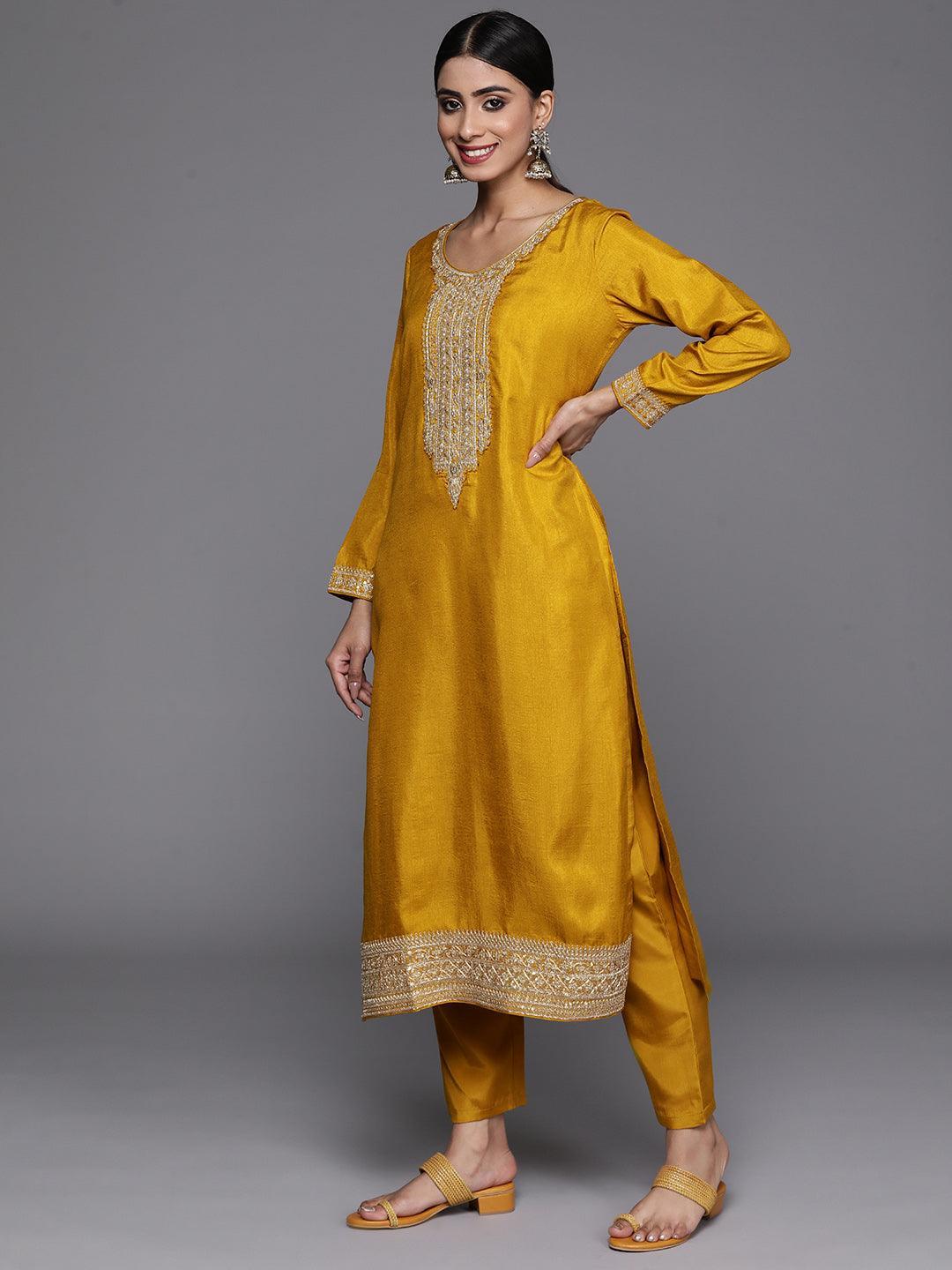 Mustard Printed Silk Blend Straight Kurta With Trousers & Dupatta