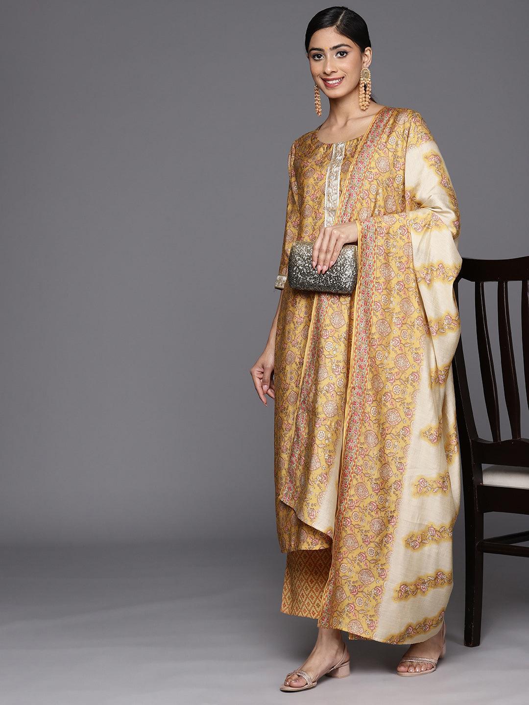 Mustard Printed Silk Blend Straight Suit Set With Trousers